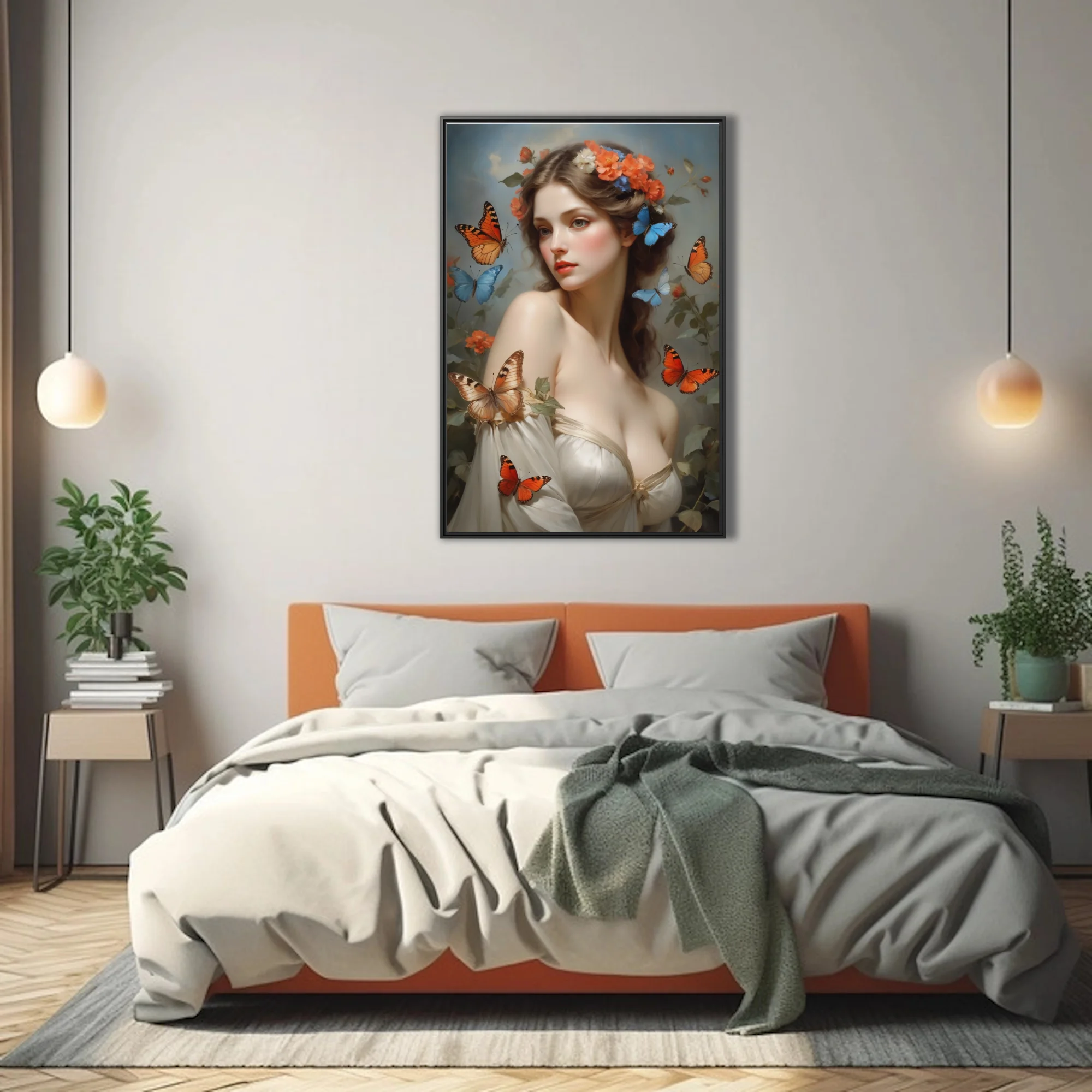 Classical portrait-style art, woman with floral crown, coral and blue butterflies