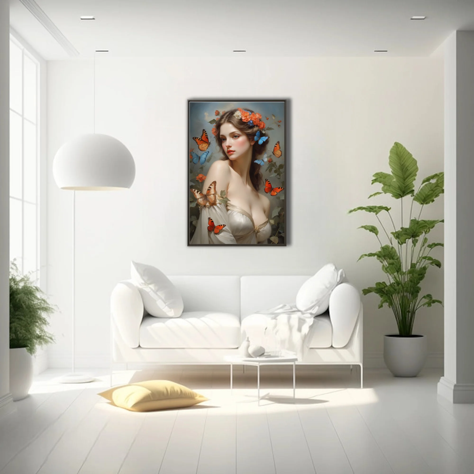 Classical portrait-style art, woman with floral crown, coral and blue butterflies
