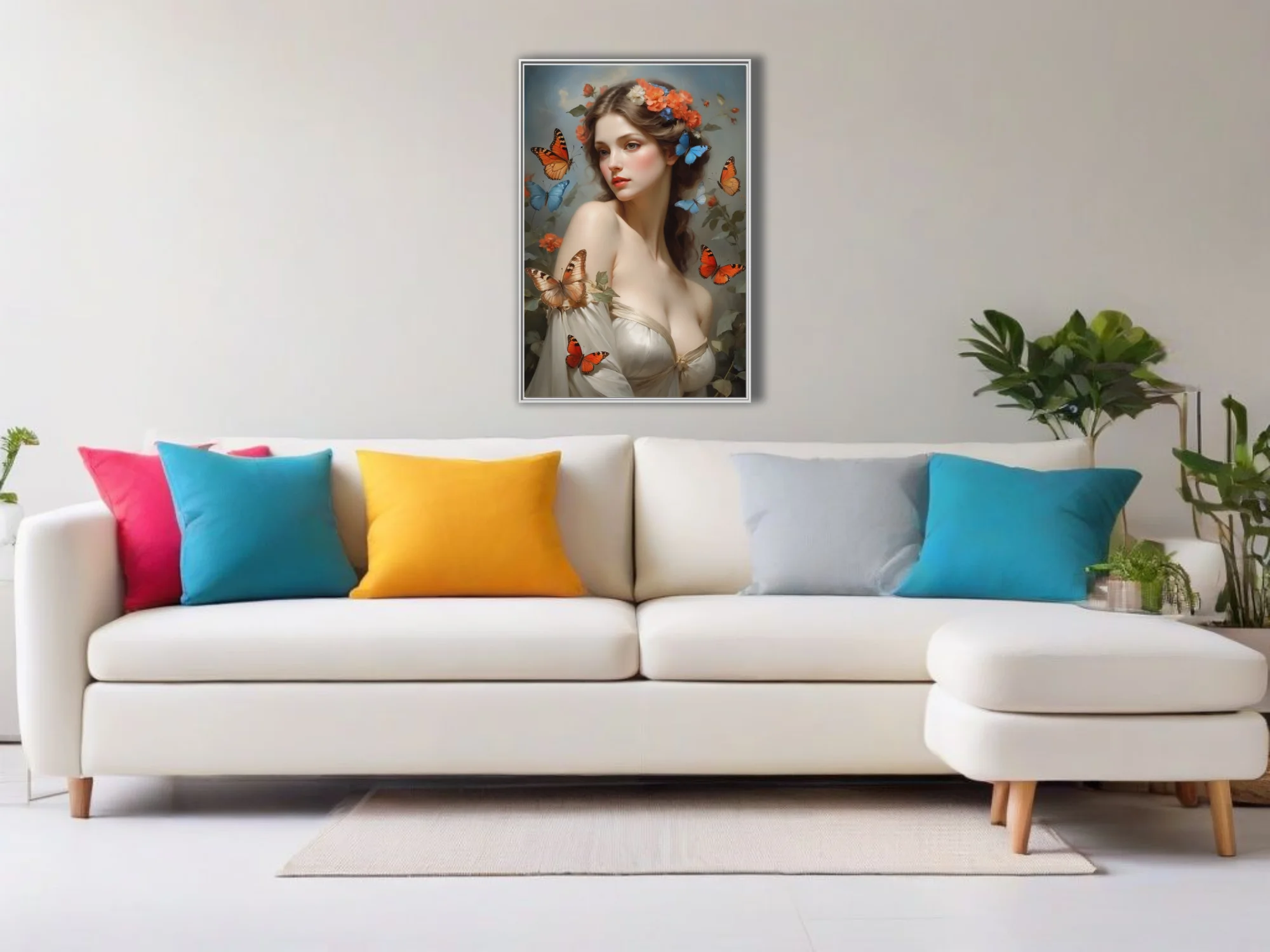 Classical portrait-style art, woman with floral crown, coral and blue butterflies