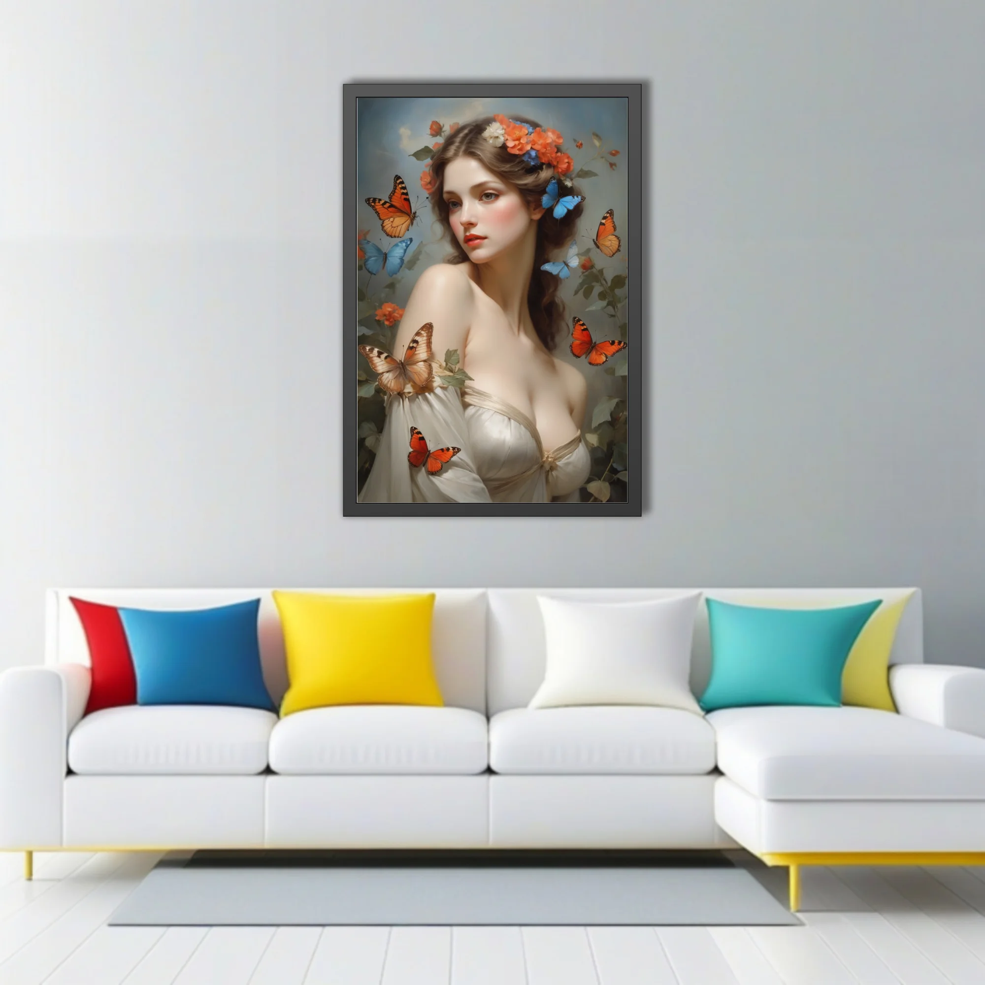 Classical portrait-style art, woman with floral crown, coral and blue butterflies
