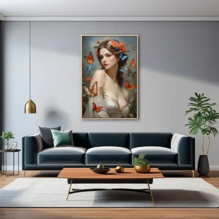 Classical portrait-style art, woman with floral crown, coral and blue butterflies