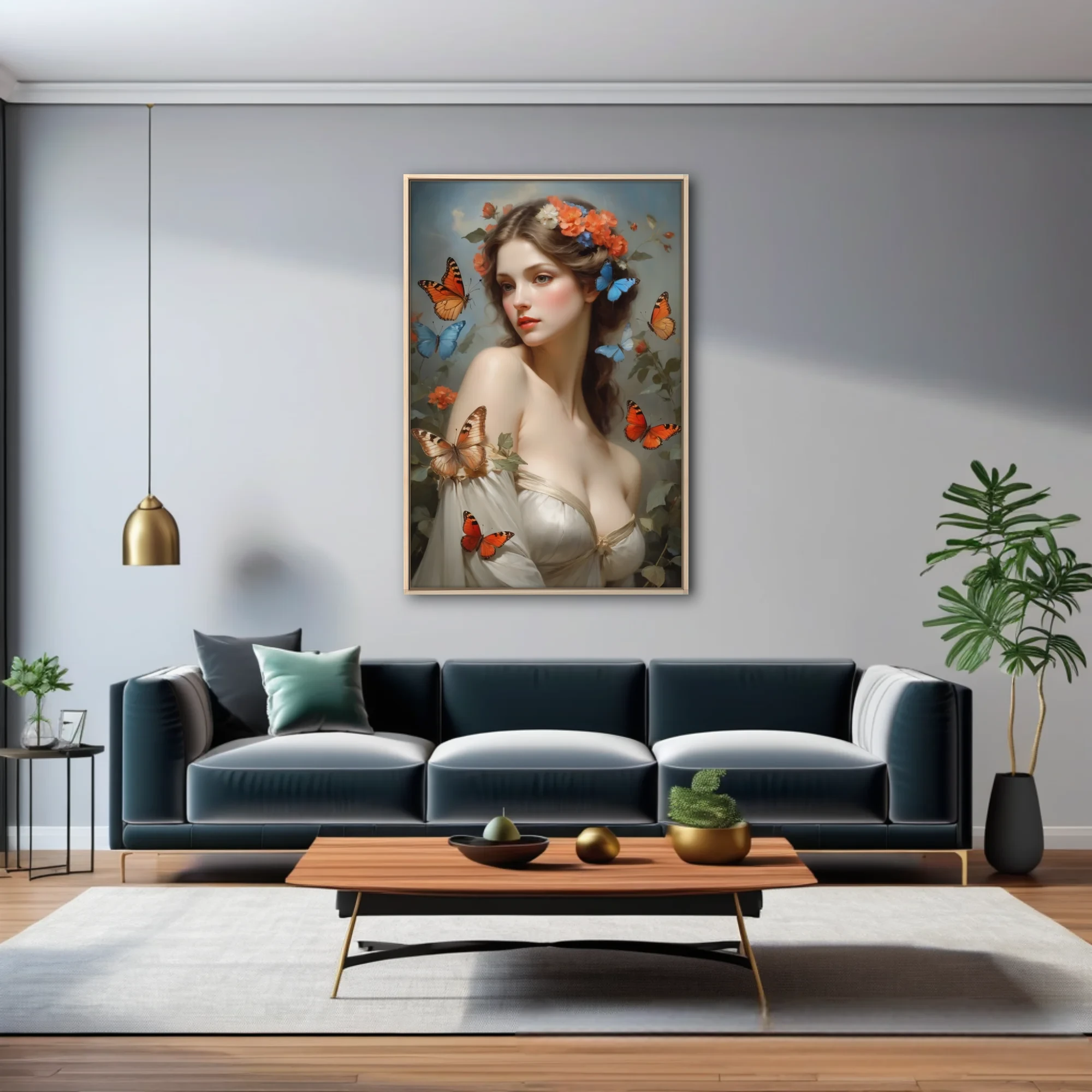 Classical portrait-style art, woman with floral crown, coral and blue butterflies