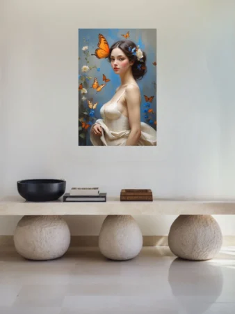 Classical-style portrait of a woman with butterflies and flowers, blue and ivory