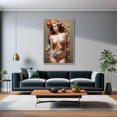 Nude figure study with vibrant floral wreath, warm skin tones, dreamy mood