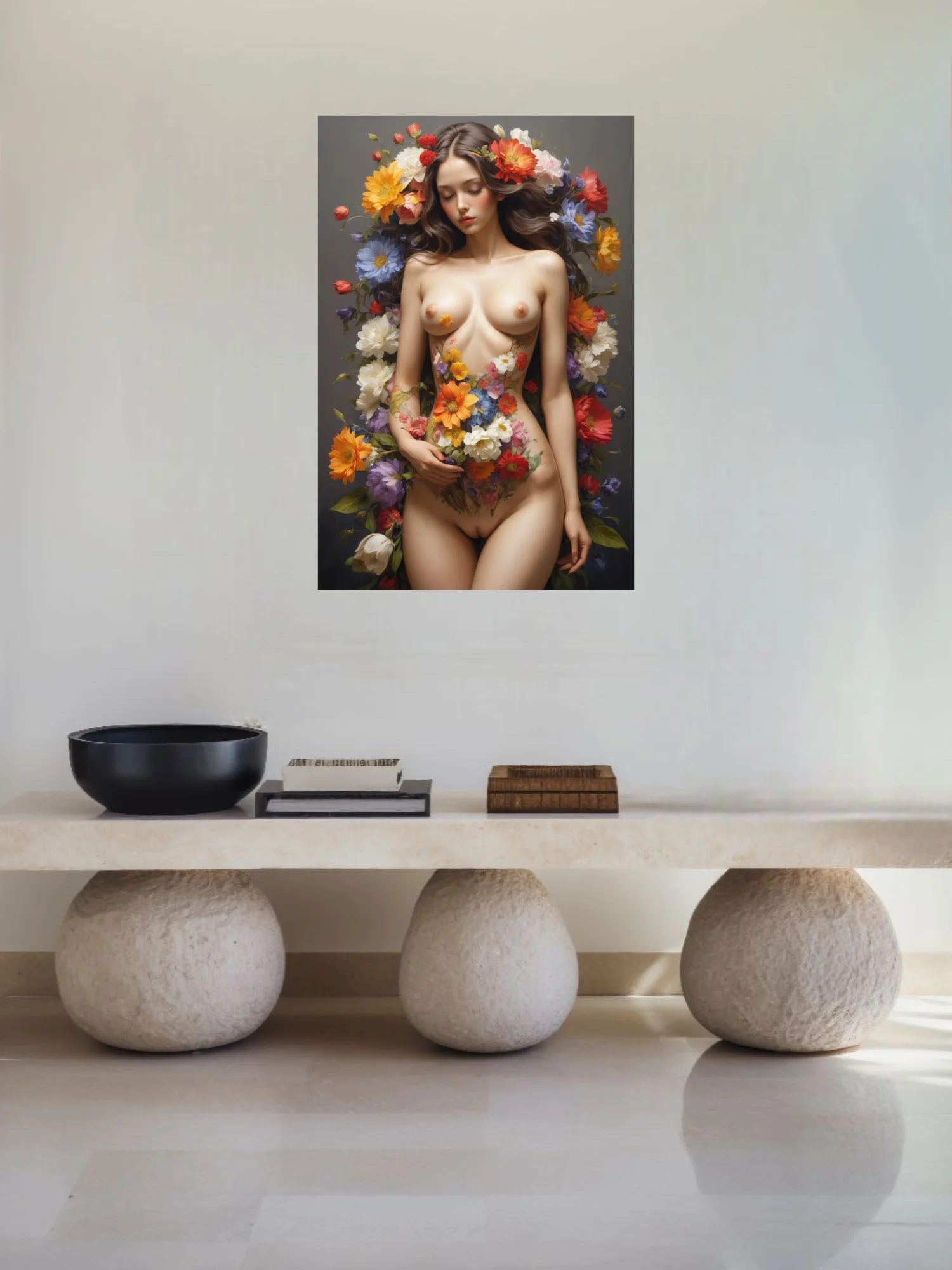 Classical nude figure study surrounded by vibrant cascading florals