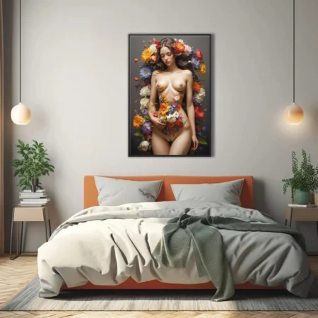 Classical nude figure study surrounded by vibrant cascading florals