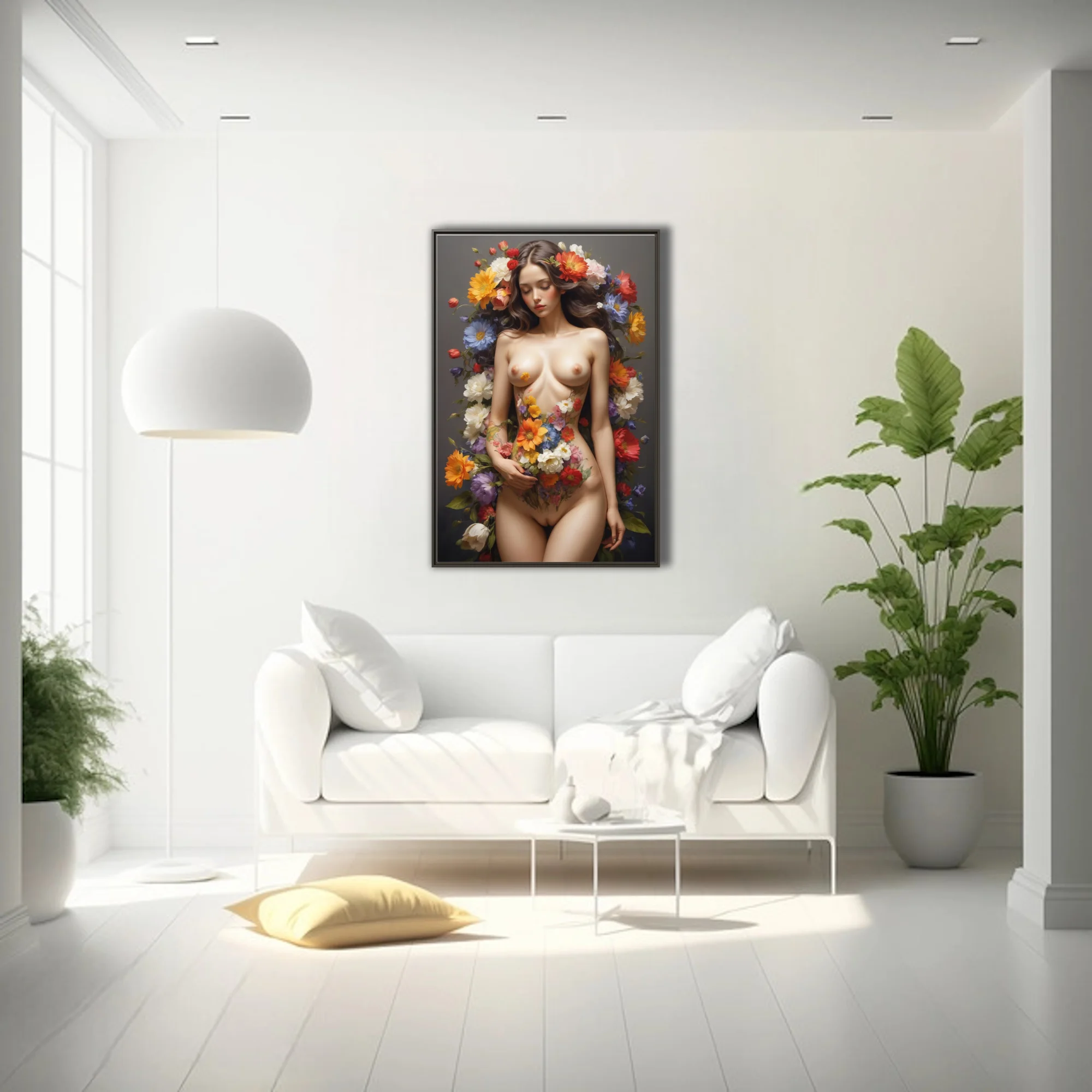 Classical nude figure study surrounded by vibrant cascading florals