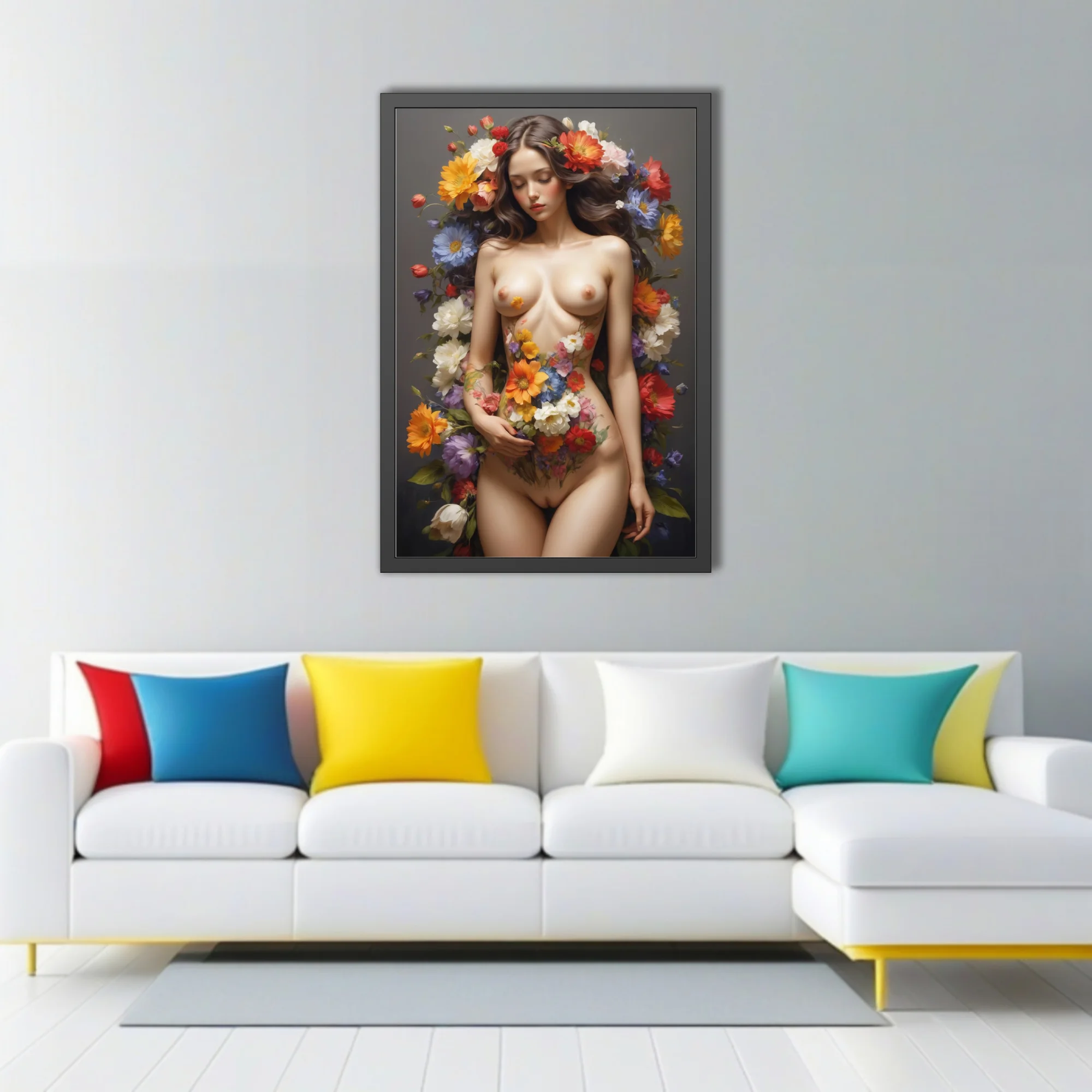 Classical nude figure study surrounded by vibrant cascading florals