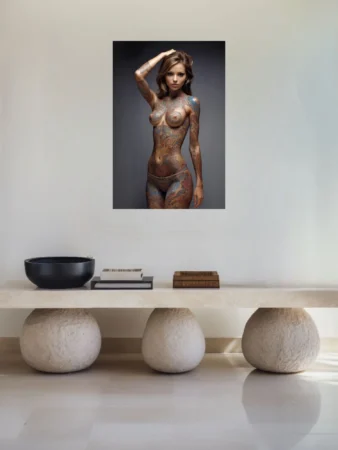 Nude female figure covered in intricate multicolored tattoo art against a dark neutral background in a contemporary realist style.