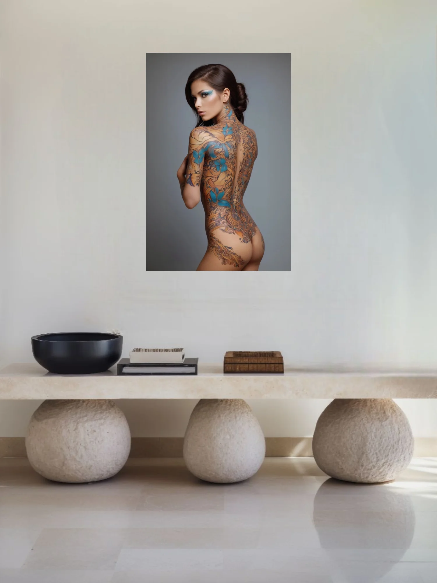 Decorative figure study with ornate botanical tattoo motifs in amber and teal