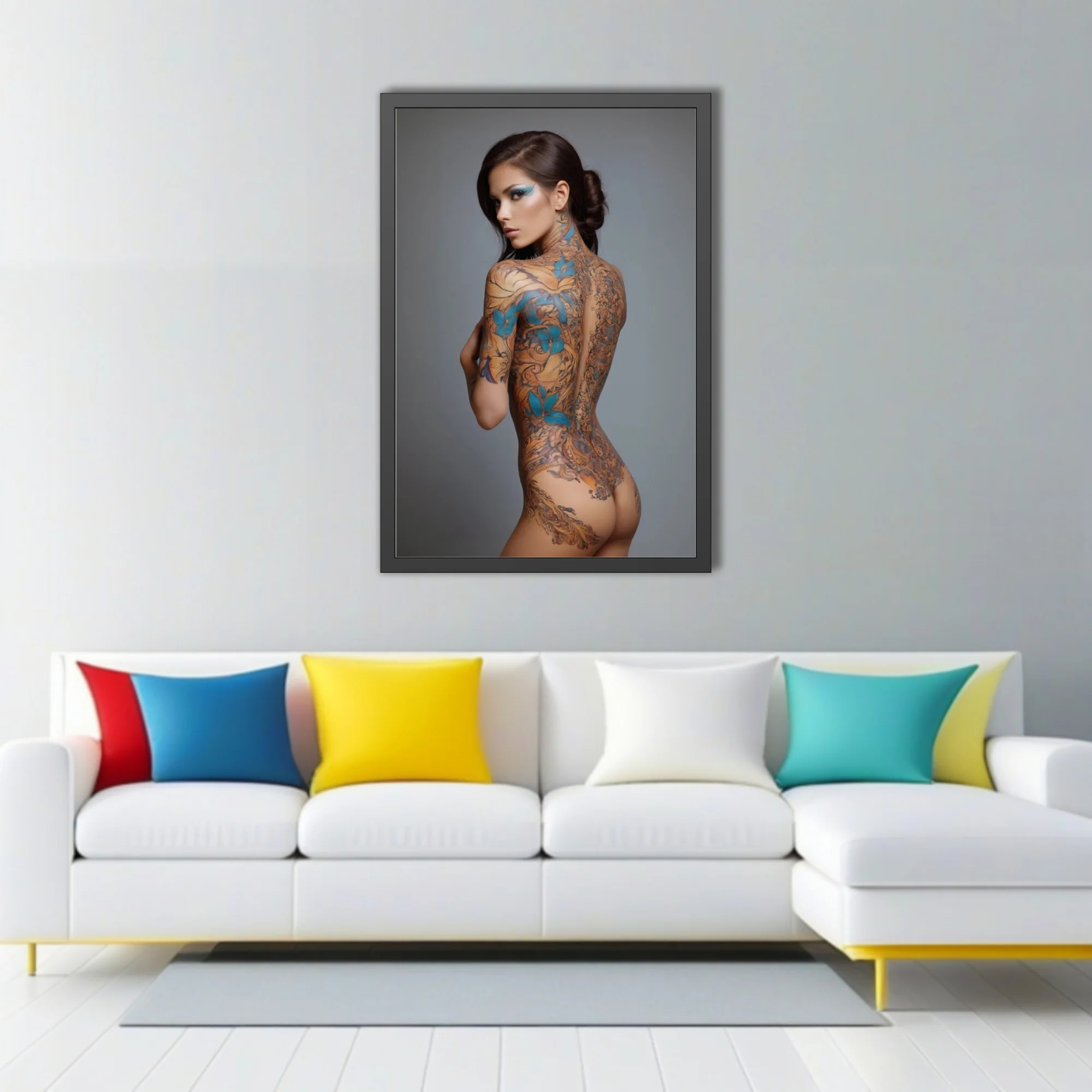 Decorative figure study with ornate botanical tattoo motifs in amber and teal