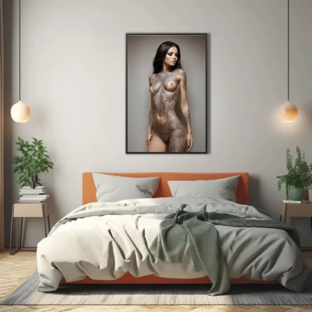 Nude female figure adorned with intricate monochrome filigree tattoo patterns on a neutral background in a contemporary realist style.