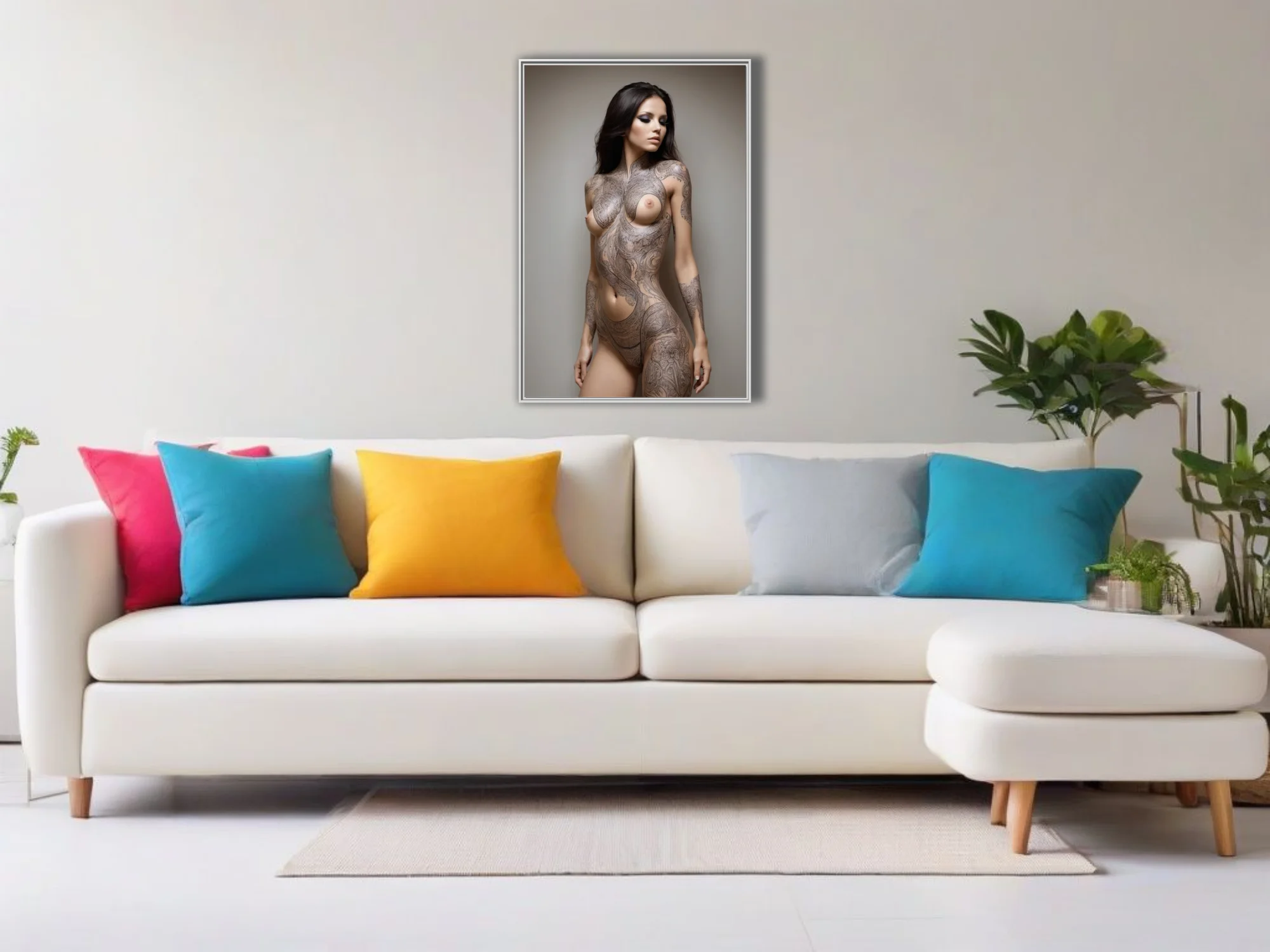 Nude female figure adorned with intricate monochrome filigree tattoo patterns on a neutral background in a contemporary realist style.