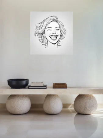 Black-and-white line-art portrait of a laughing woman with flowing hair