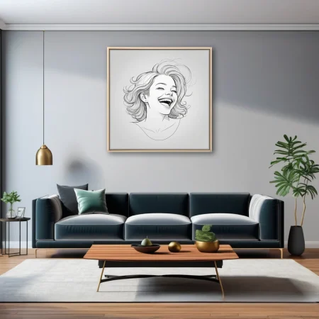 Minimalist ink-style line art portrait of a laughing woman with flowing hair