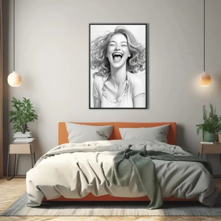 Pencil-style portrait of laughing woman with flowing hair, black and white