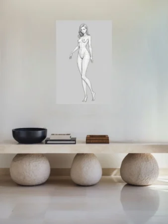 Pencil-style wireframe figure study of a female form, graphite tones, minimalist