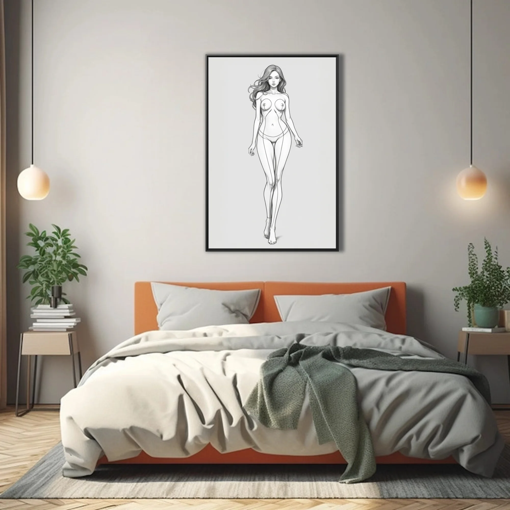 Minimalist pencil-style female figure study, flowing line art, neutral tones