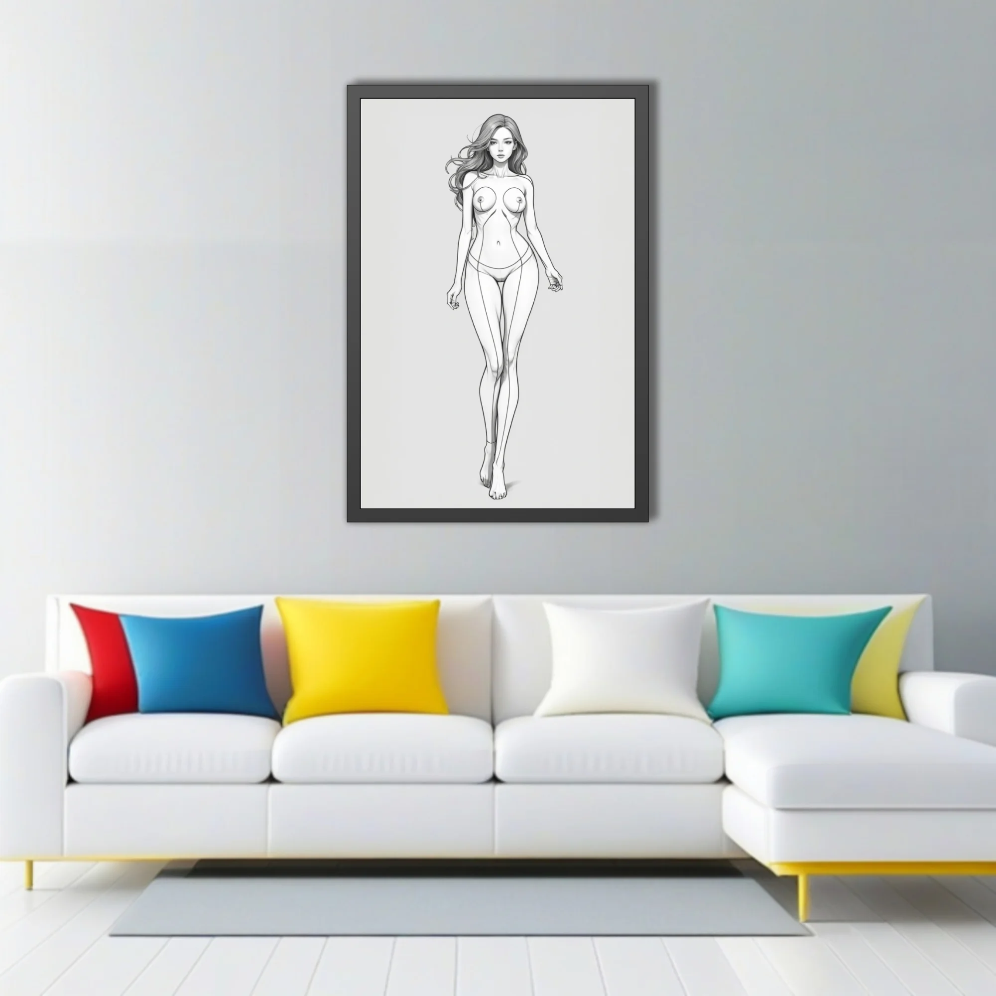 Minimalist pencil-style female figure study, flowing line art, neutral tones
