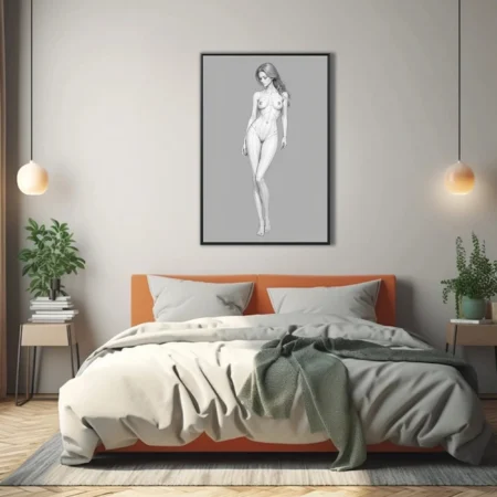 Minimalist line-art female figure study with anatomical guidelines, graphite tones