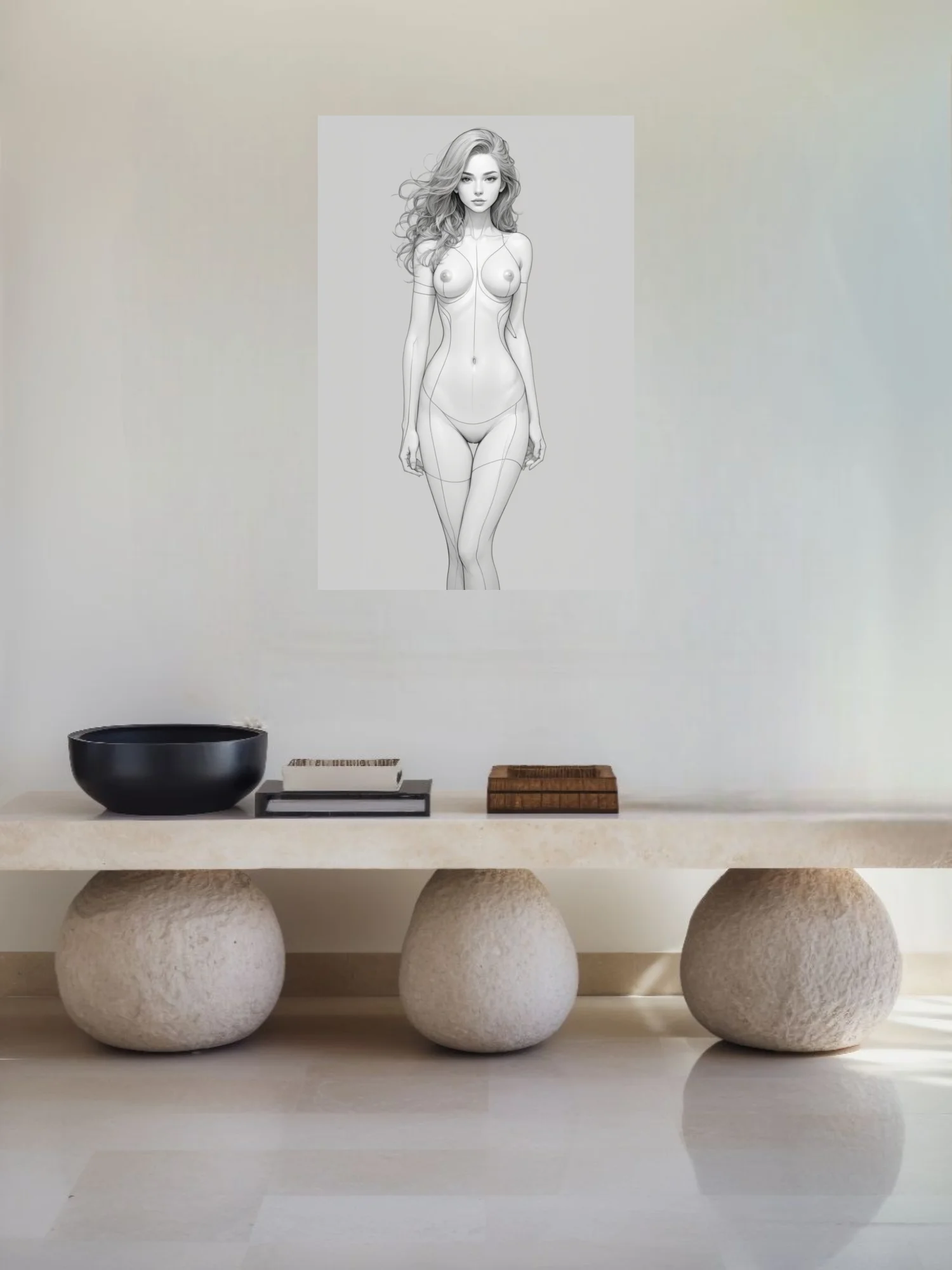 Monochrome line-art nude female figure with soft graphite shading on a light gray background in a contemporary illustrative style.