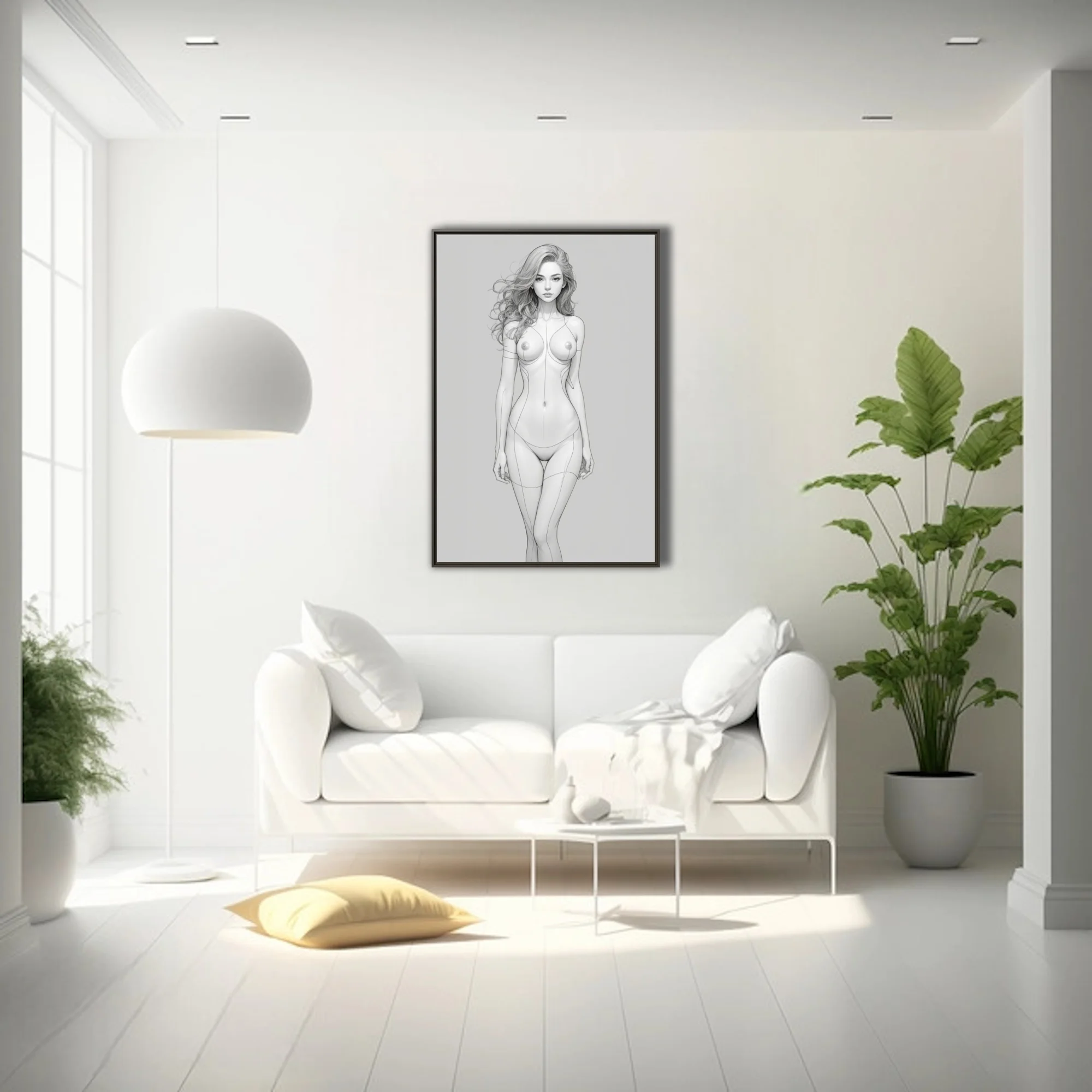 Monochrome line-art nude female figure with soft graphite shading on a light gray background in a contemporary illustrative style.