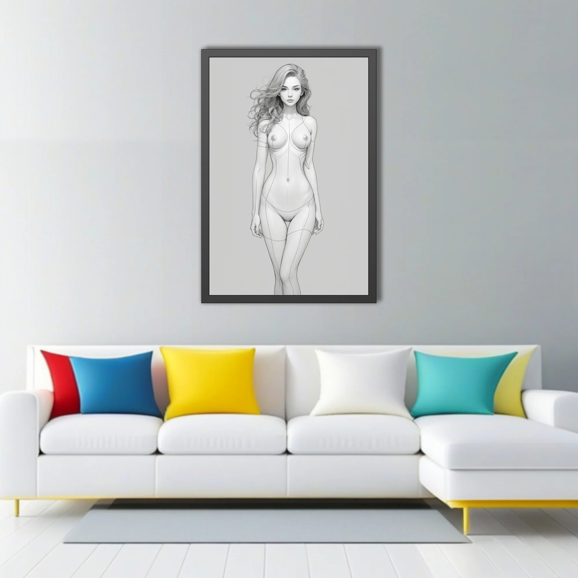Monochrome line-art nude female figure with soft graphite shading on a light gray background in a contemporary illustrative style.