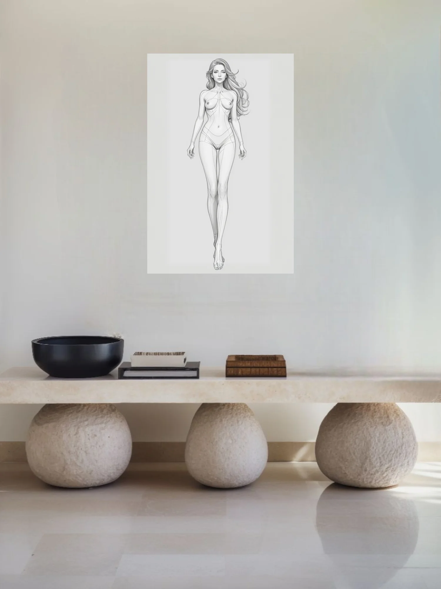 Minimalist pencil-style female figure study, clean linework on white ground