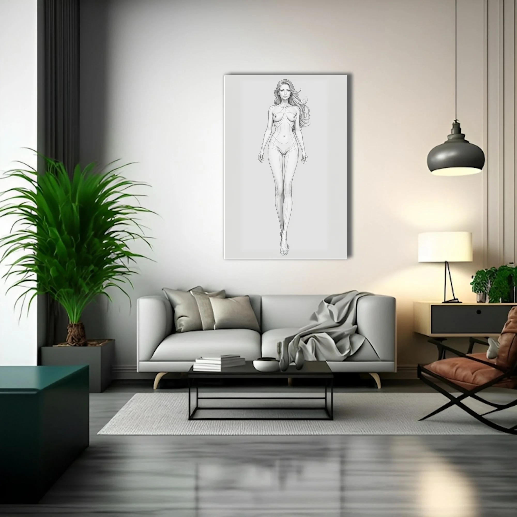 Minimalist pencil-style female figure study, clean linework on white ground