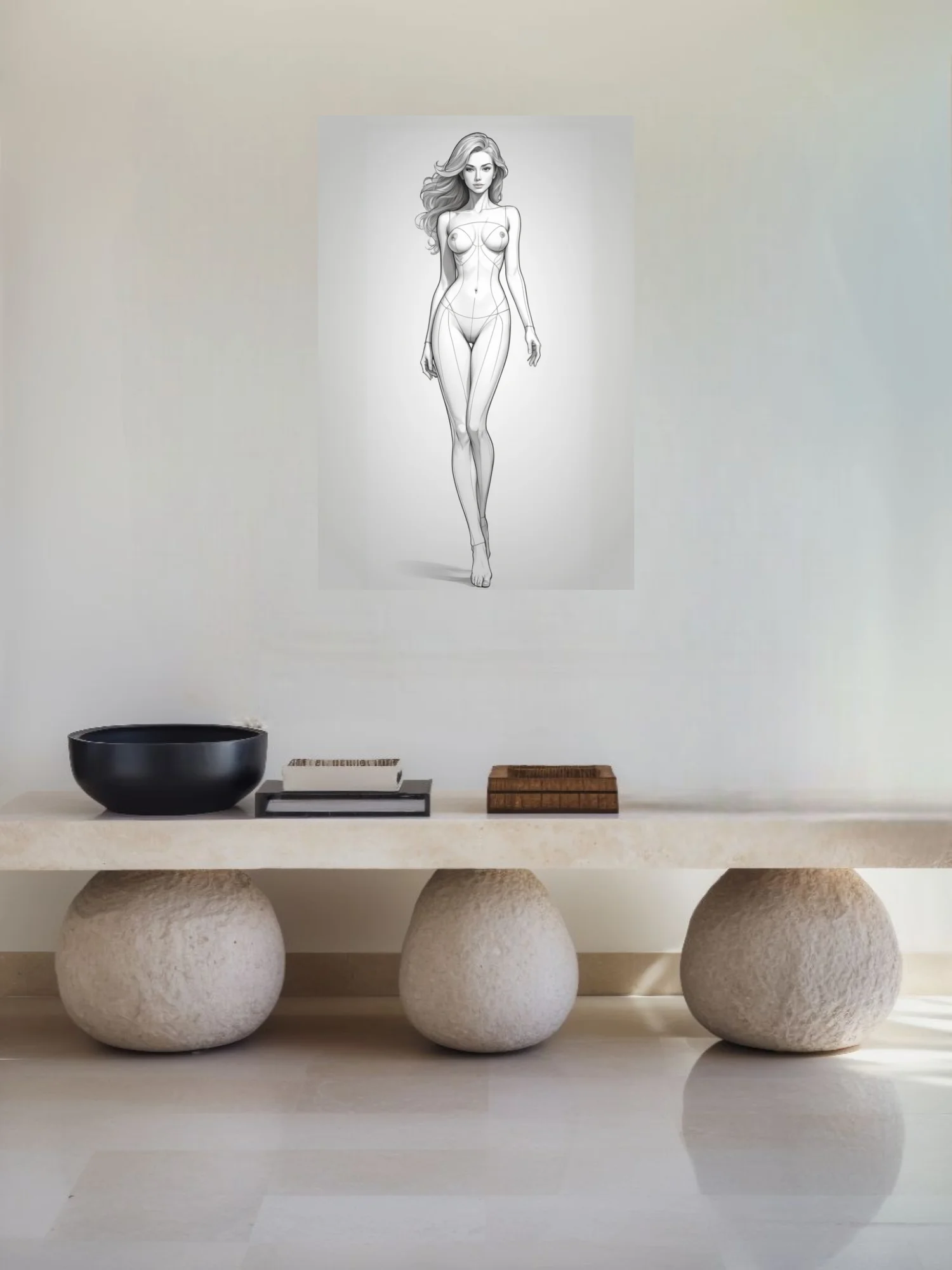 Pencil-sketch-style full-length female figure study, minimal line art, neutral tones