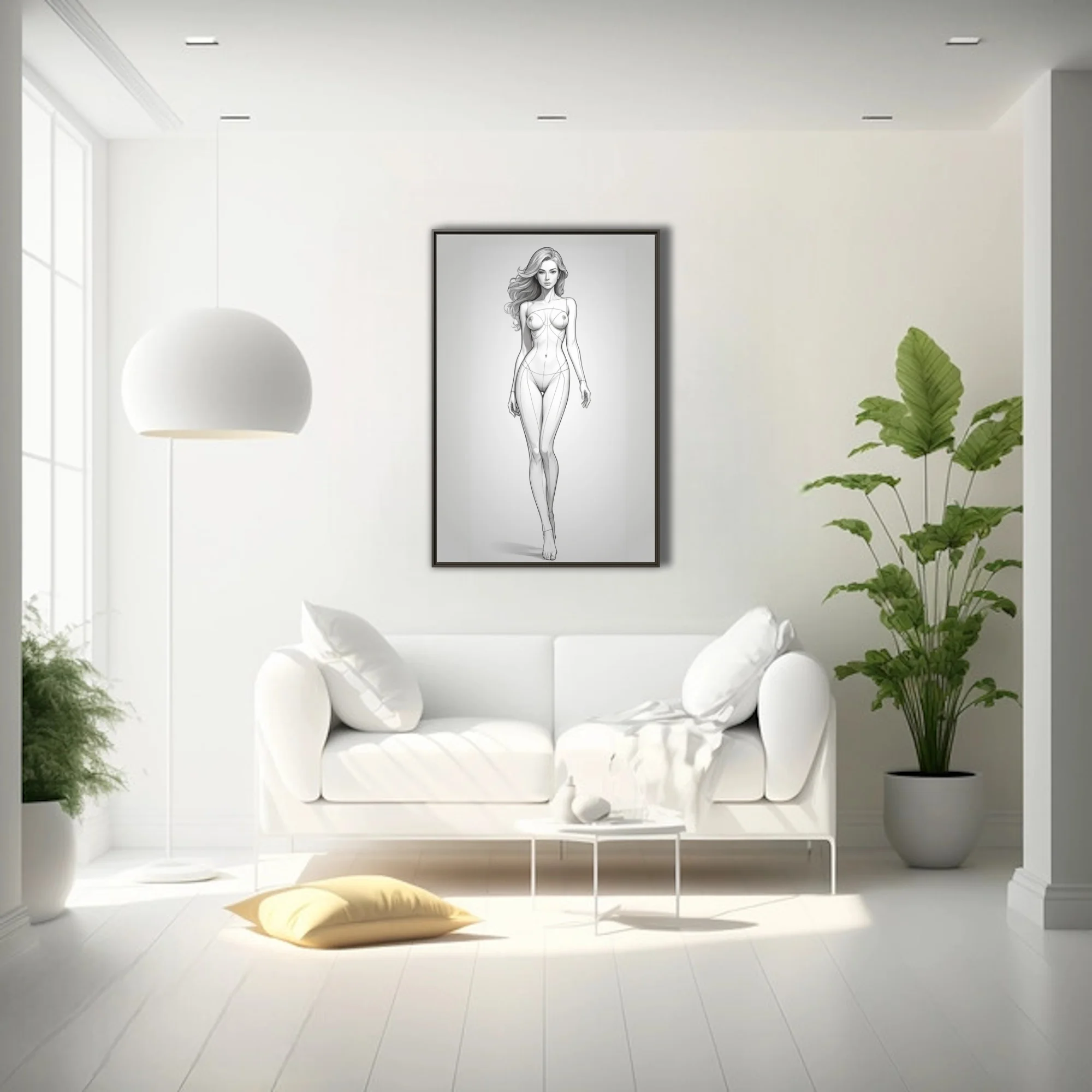 Pencil-sketch-style full-length female figure study, minimal line art, neutral tones