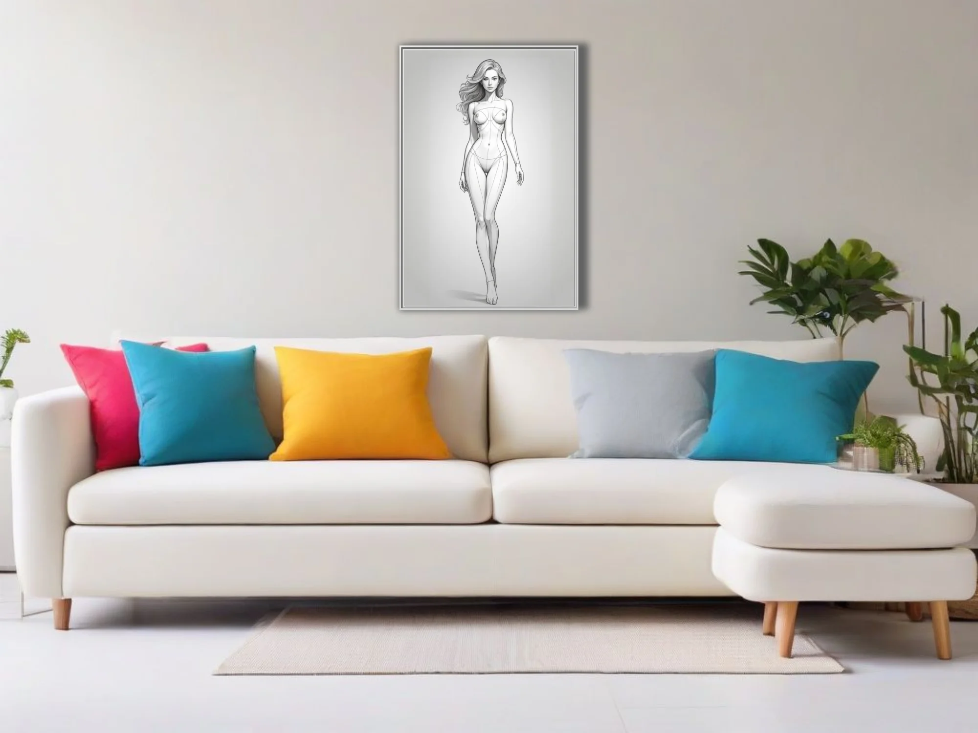 Pencil-sketch-style full-length female figure study, minimal line art, neutral tones