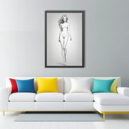 Pencil-sketch-style full-length female figure study, minimal line art, neutral tones