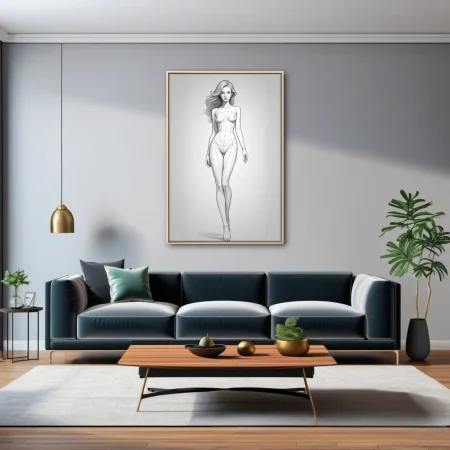 Pencil-sketch-style full-length female figure study, minimal line art, neutral tones