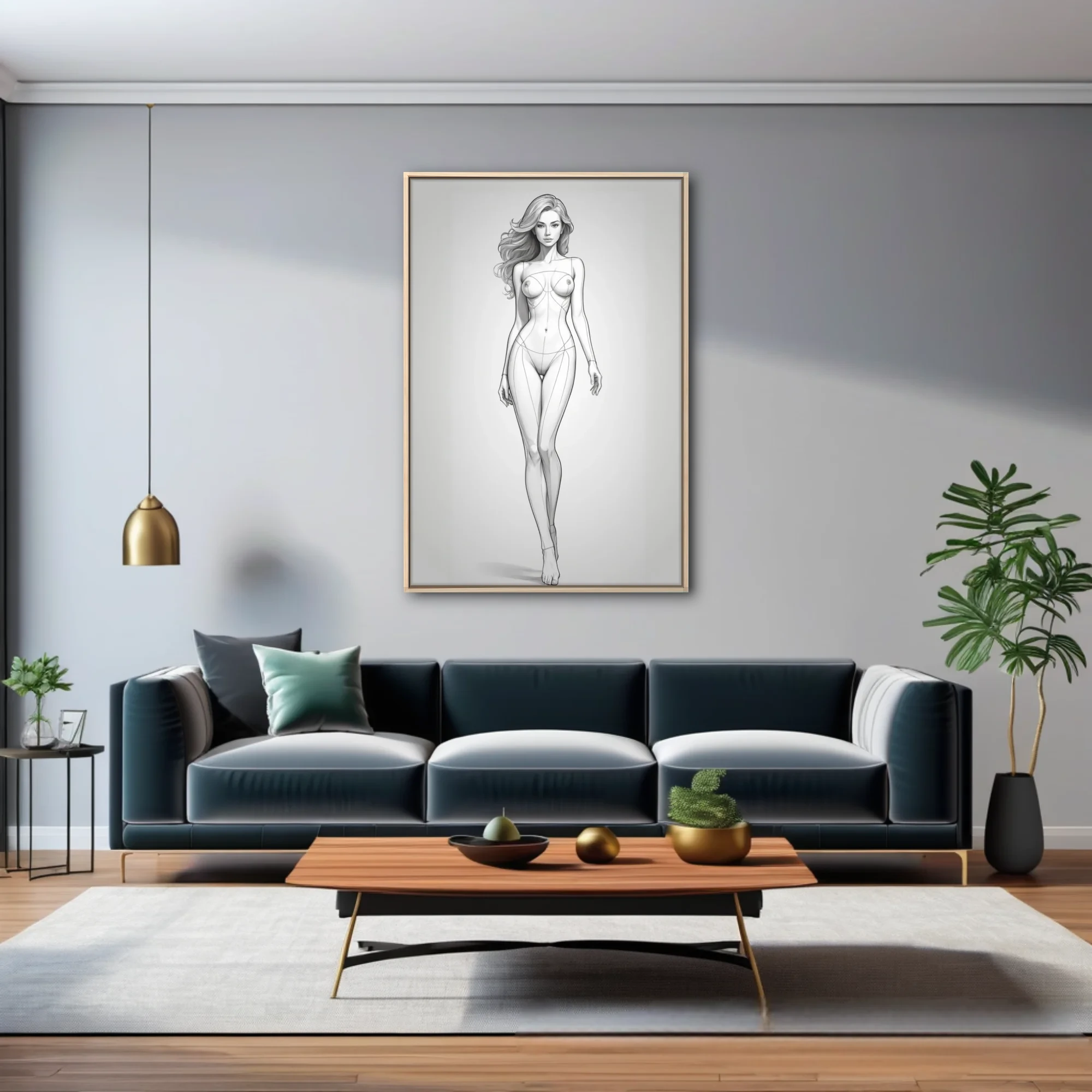Pencil-sketch-style full-length female figure study, minimal line art, neutral tones