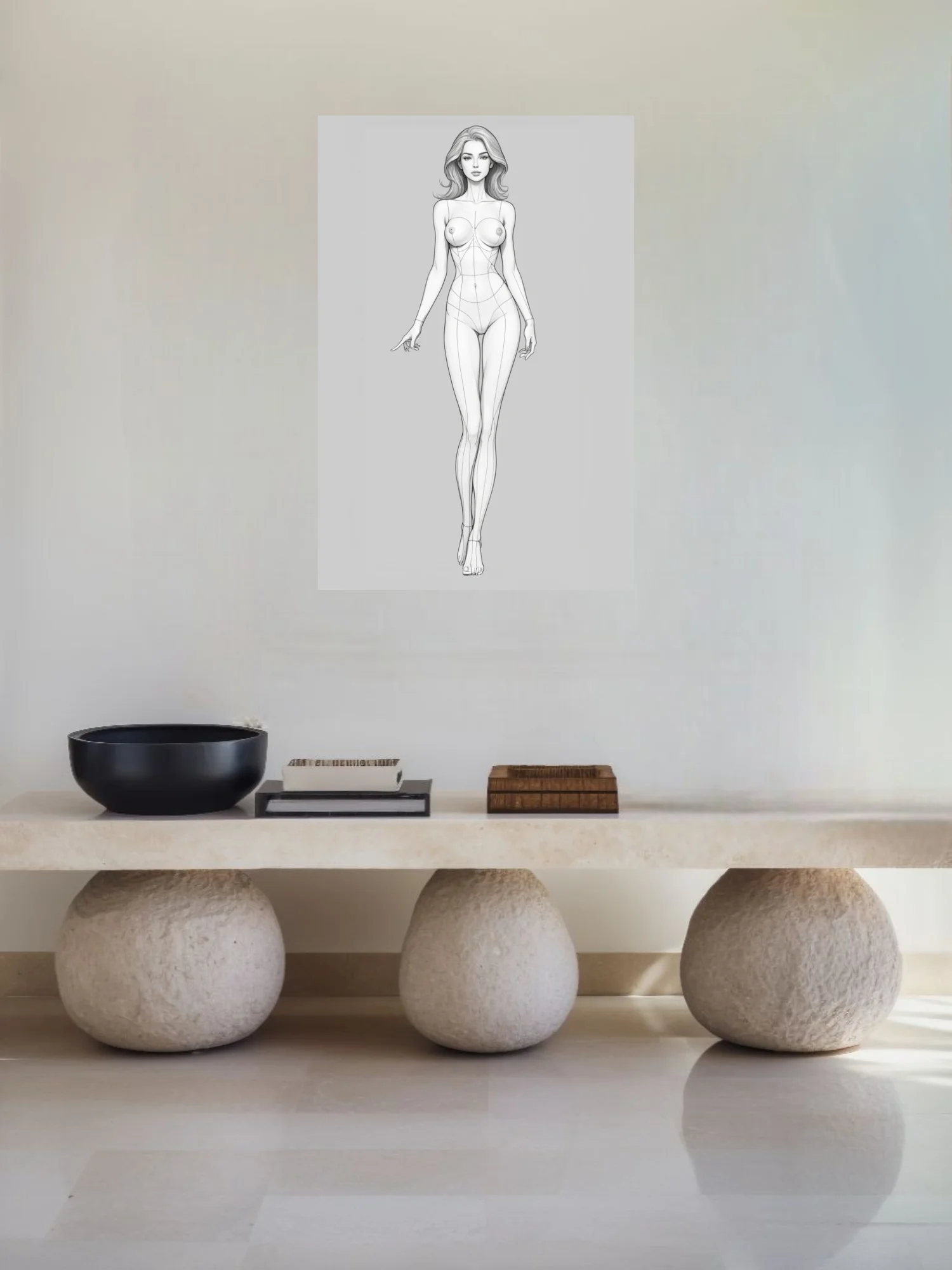 Minimalist female figure study, fine line-art style, monochrome pencil-style rendering
