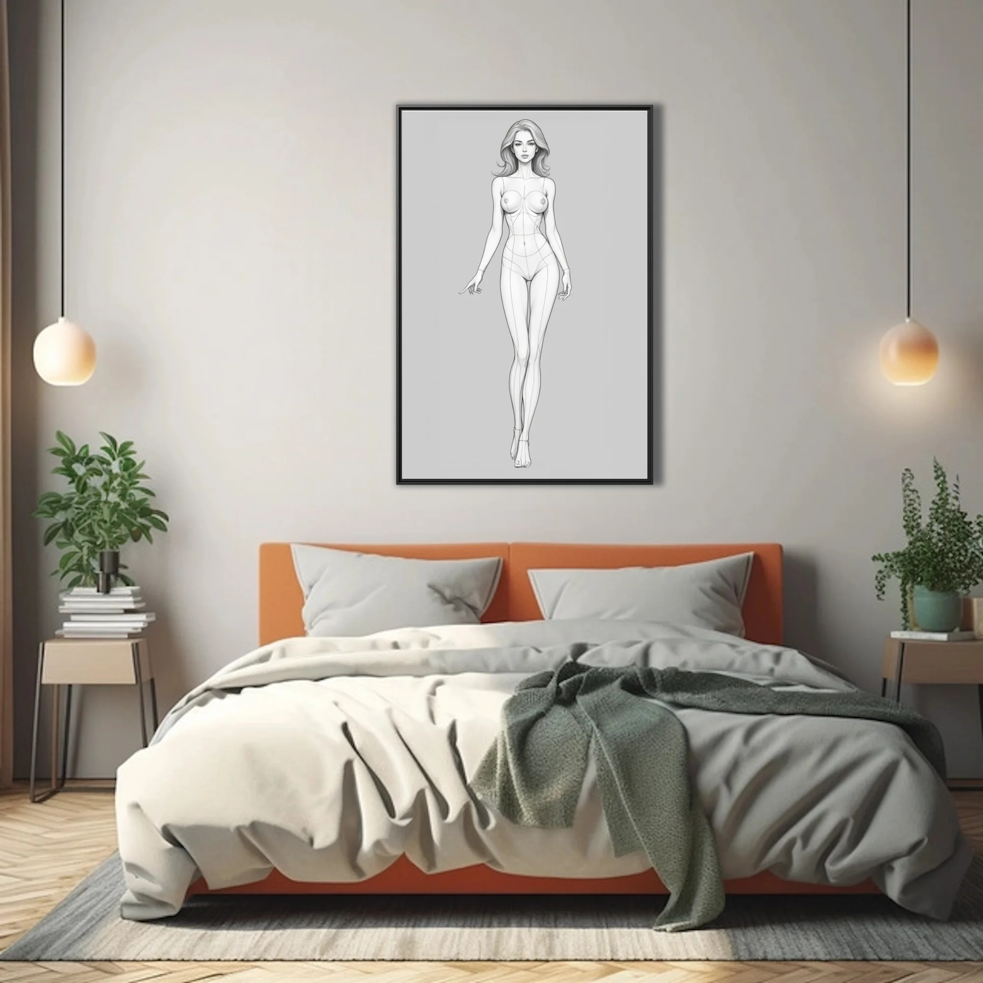 Minimalist female figure study, fine line-art style, monochrome pencil-style rendering