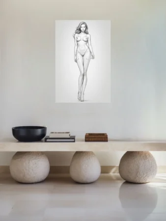 Pencil-style female figure study with construction lines, full-length pose, neutral ground