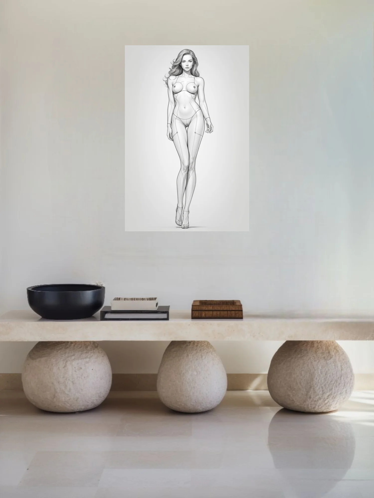 Pencil-style female figure study with construction lines, full-length pose, neutral ground
