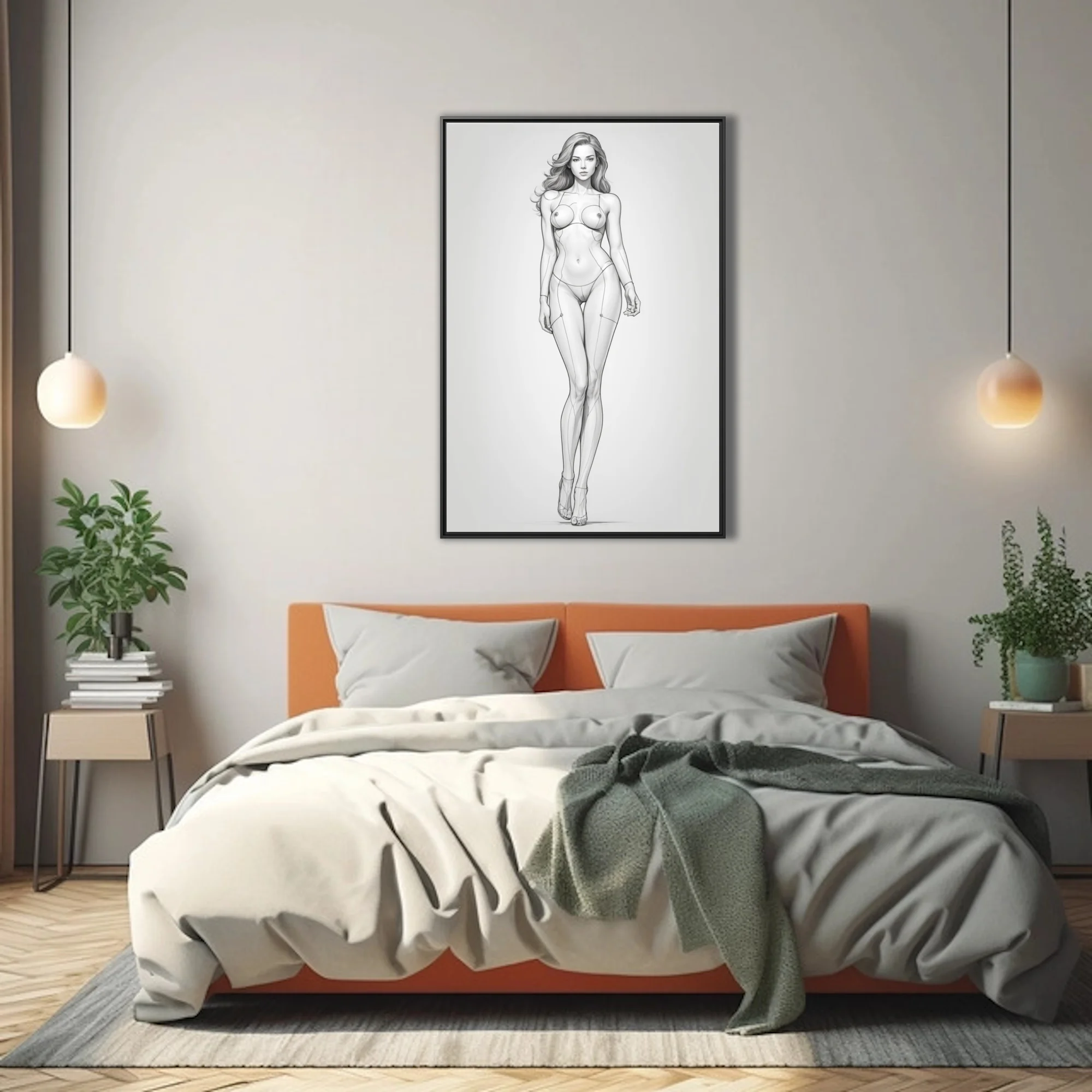 Pencil-style female figure study with construction lines, full-length pose, neutral ground