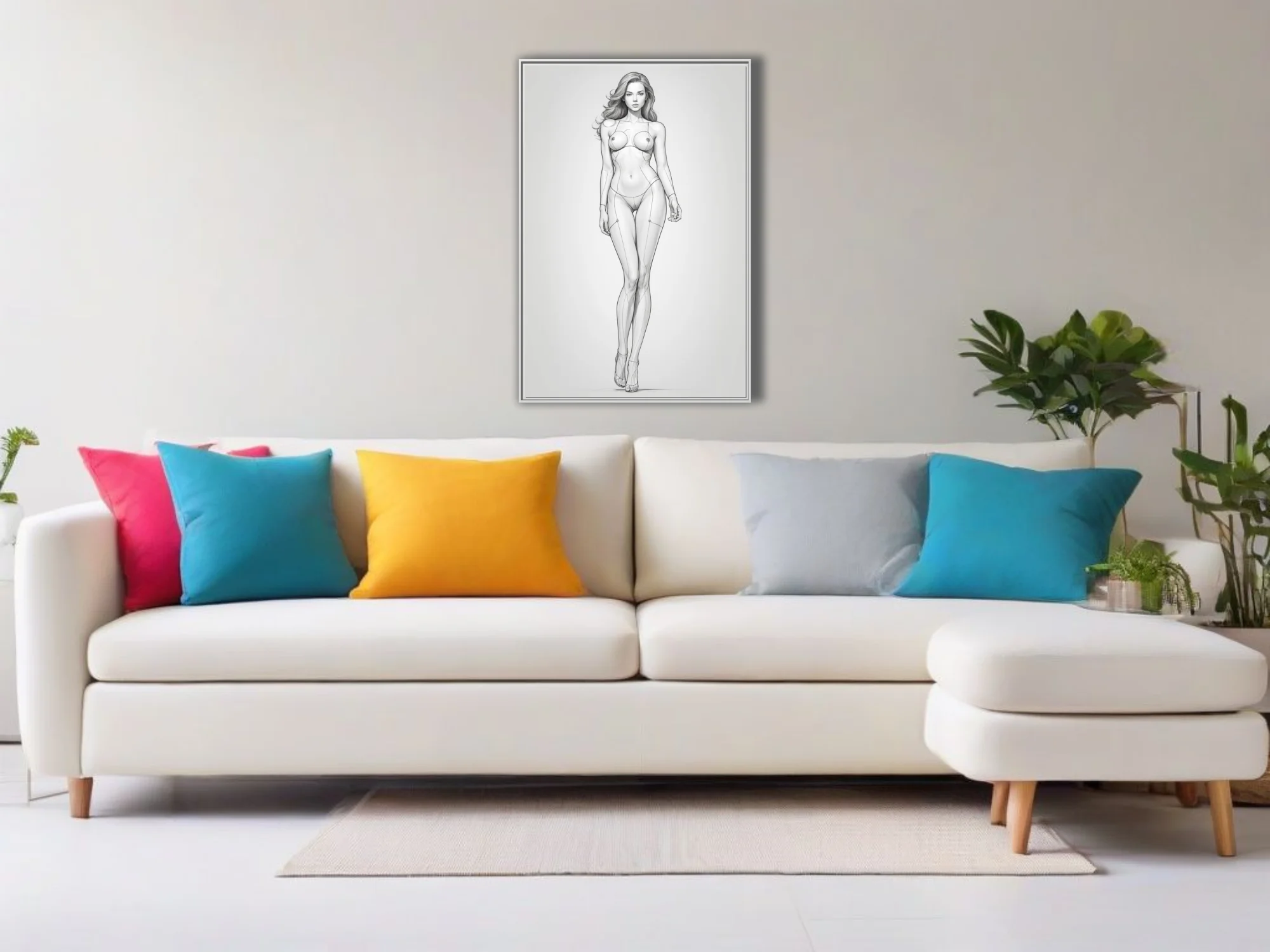 Pencil-style female figure study with construction lines, full-length pose, neutral ground