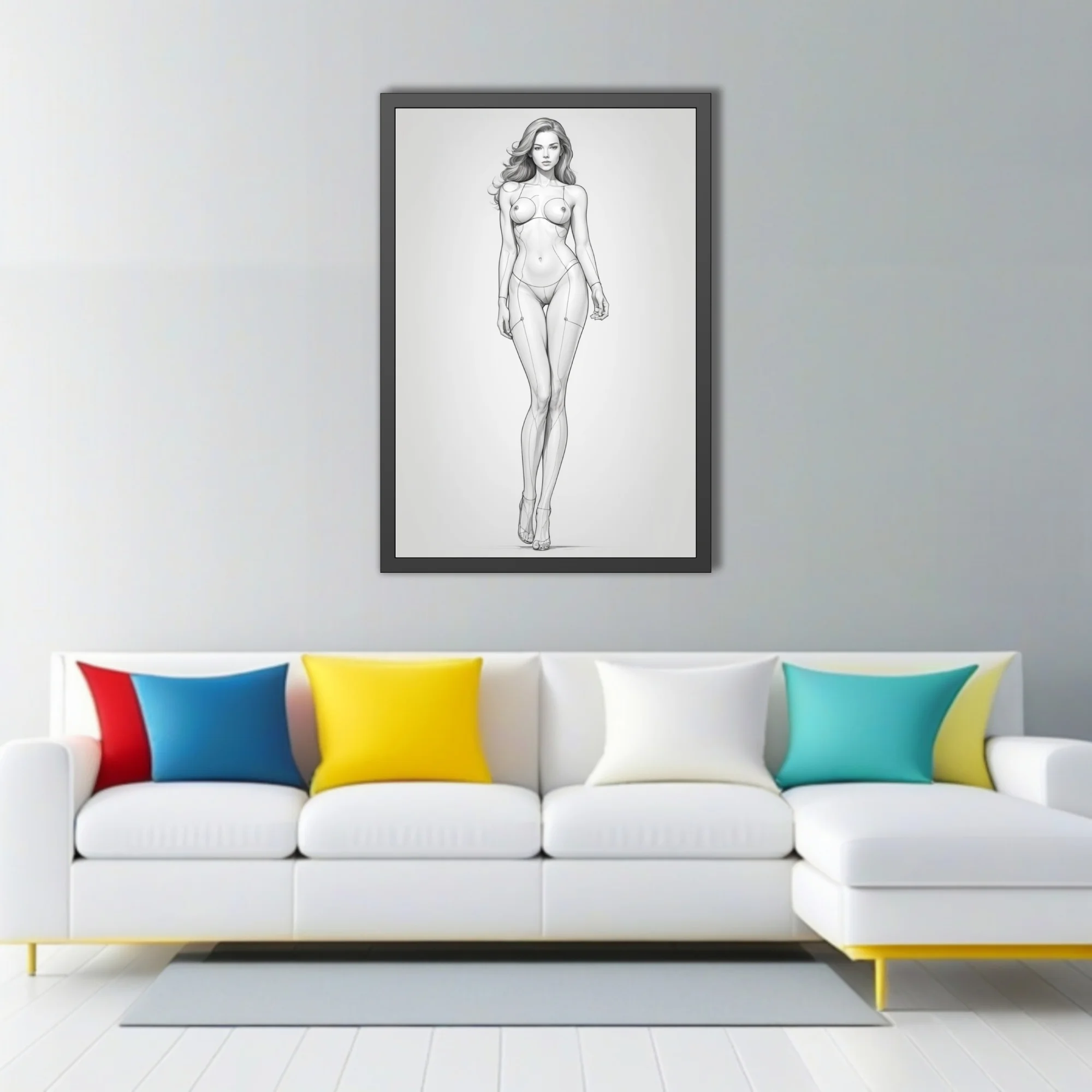 Pencil-style female figure study with construction lines, full-length pose, neutral ground