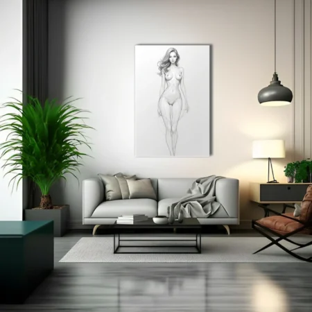 Pencil-style female figure study in soft graphite linework, classical pose