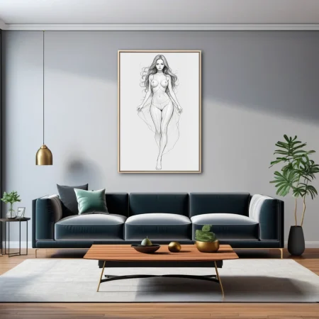 Pencil-style female figure study, flowing hair and sheer drapery, monochrome graphite tones