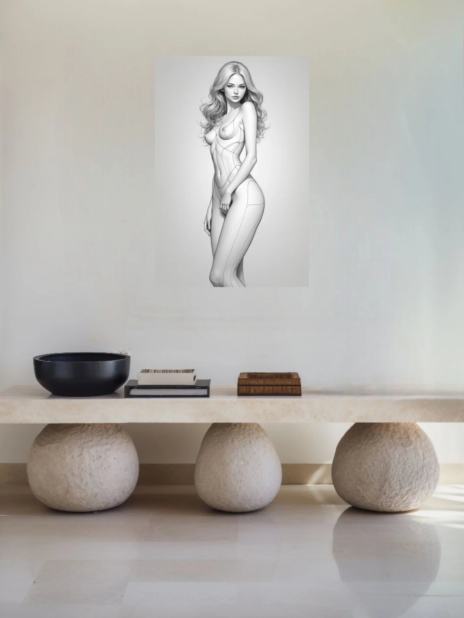 Minimalist pencil-style female figure study, monochrome linework on light ground