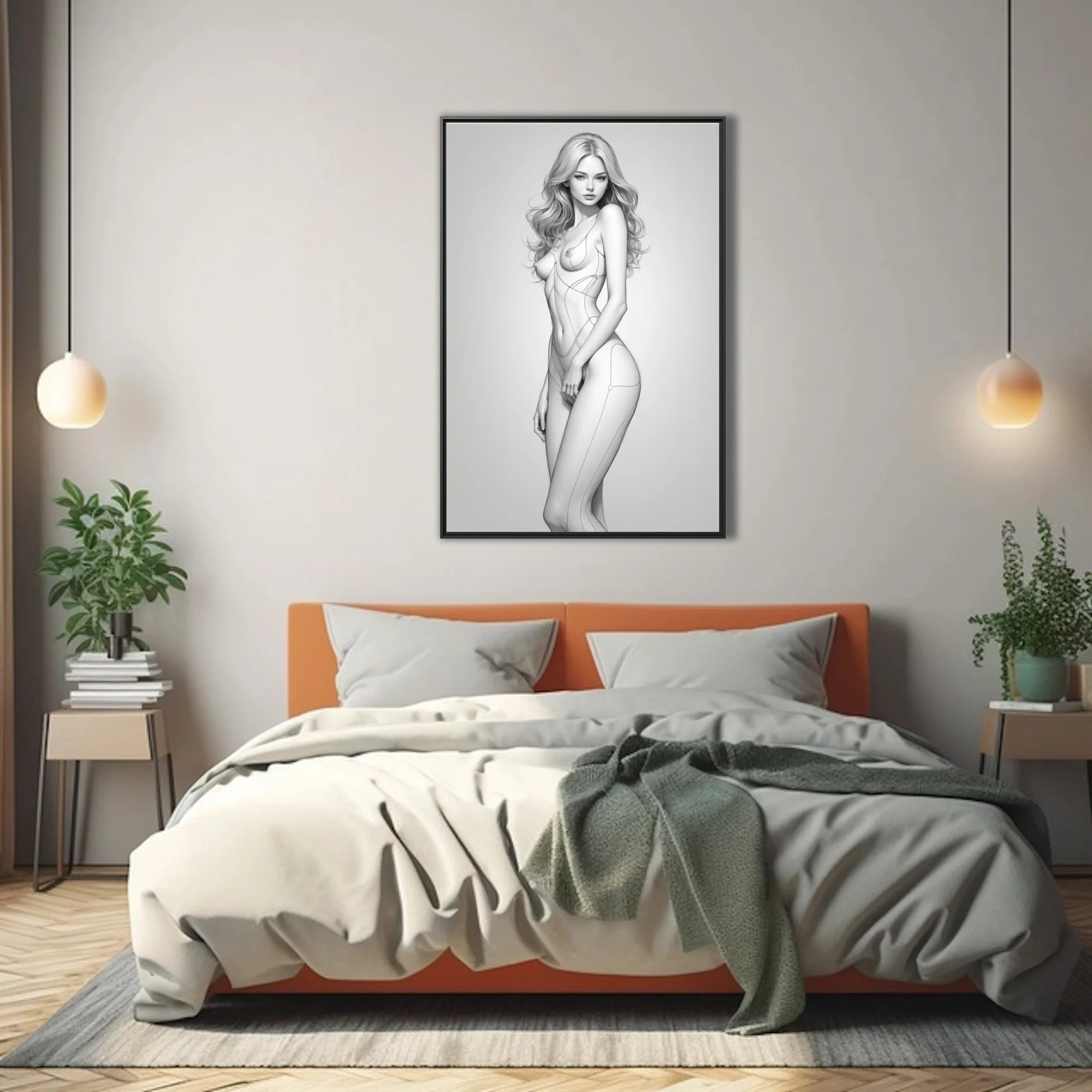 Minimalist pencil-style female figure study, monochrome linework on light ground