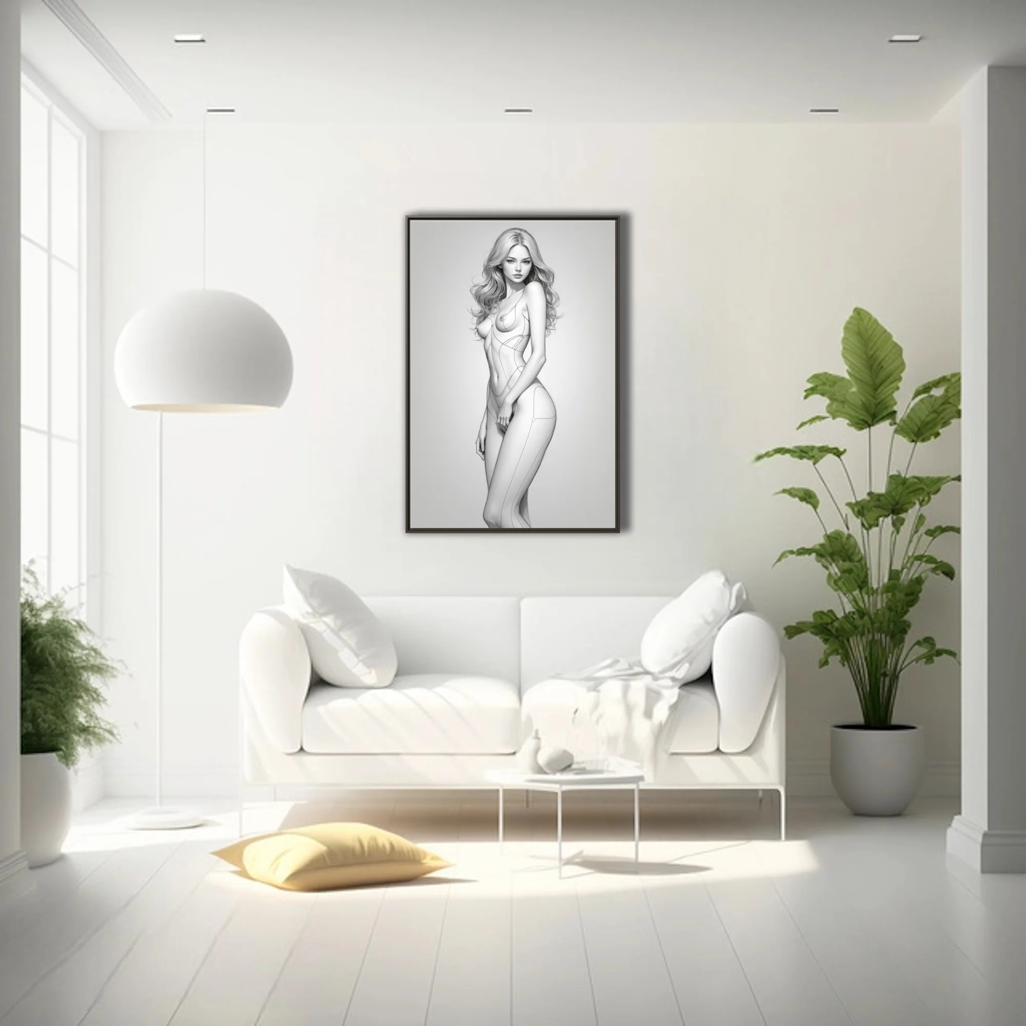 Minimalist pencil-style female figure study, monochrome linework on light ground