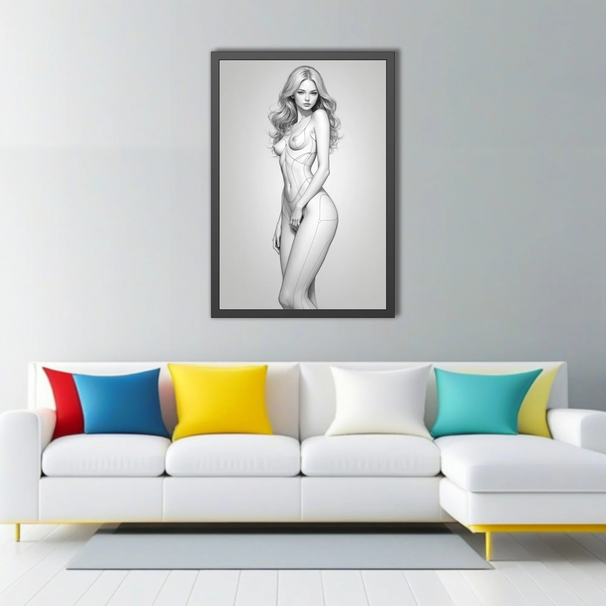 Minimalist pencil-style female figure study, monochrome linework on light ground