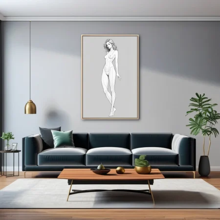 Pencil-style female figure study, clean line art, graphite tones, minimalist nude sketch