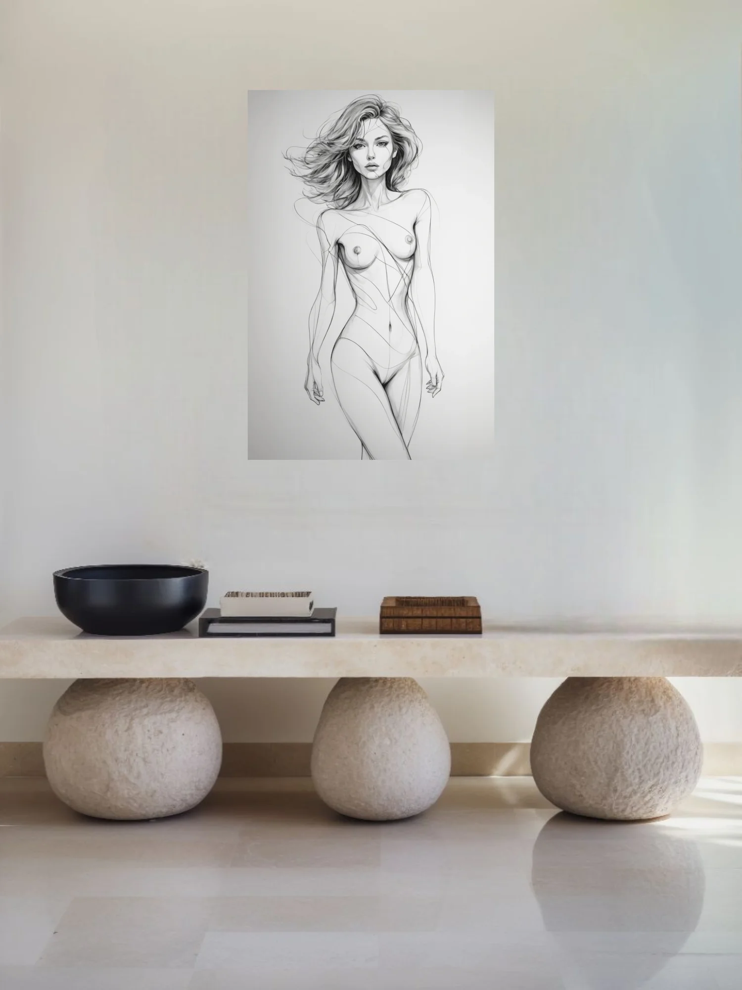 Gestural line art nude figure study, graphite-style minimalist sketch on white